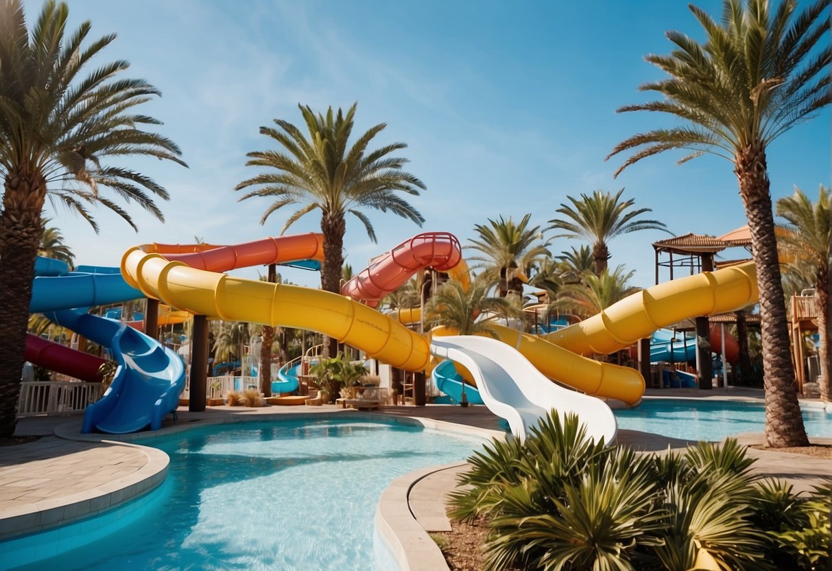 A vibrant aquapark with water slides, splash pools, and colorful umbrellas set against a backdrop of palm trees and a clear blue sky