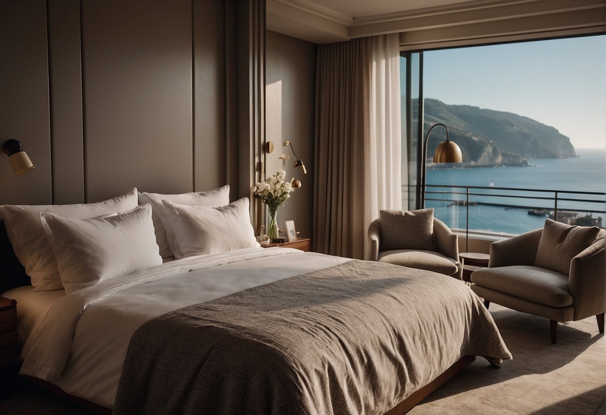A luxurious hotel room in San Sebastián with a cozy bed, elegant furniture, and a stunning view of the city and the ocean
