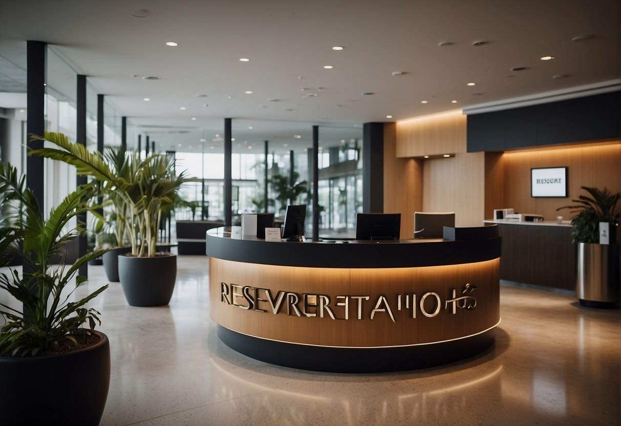 A reception desk with a computer, phone, and a sign that reads "Reservaciones por Horas" in a modern hotel lobby in San Sebastian