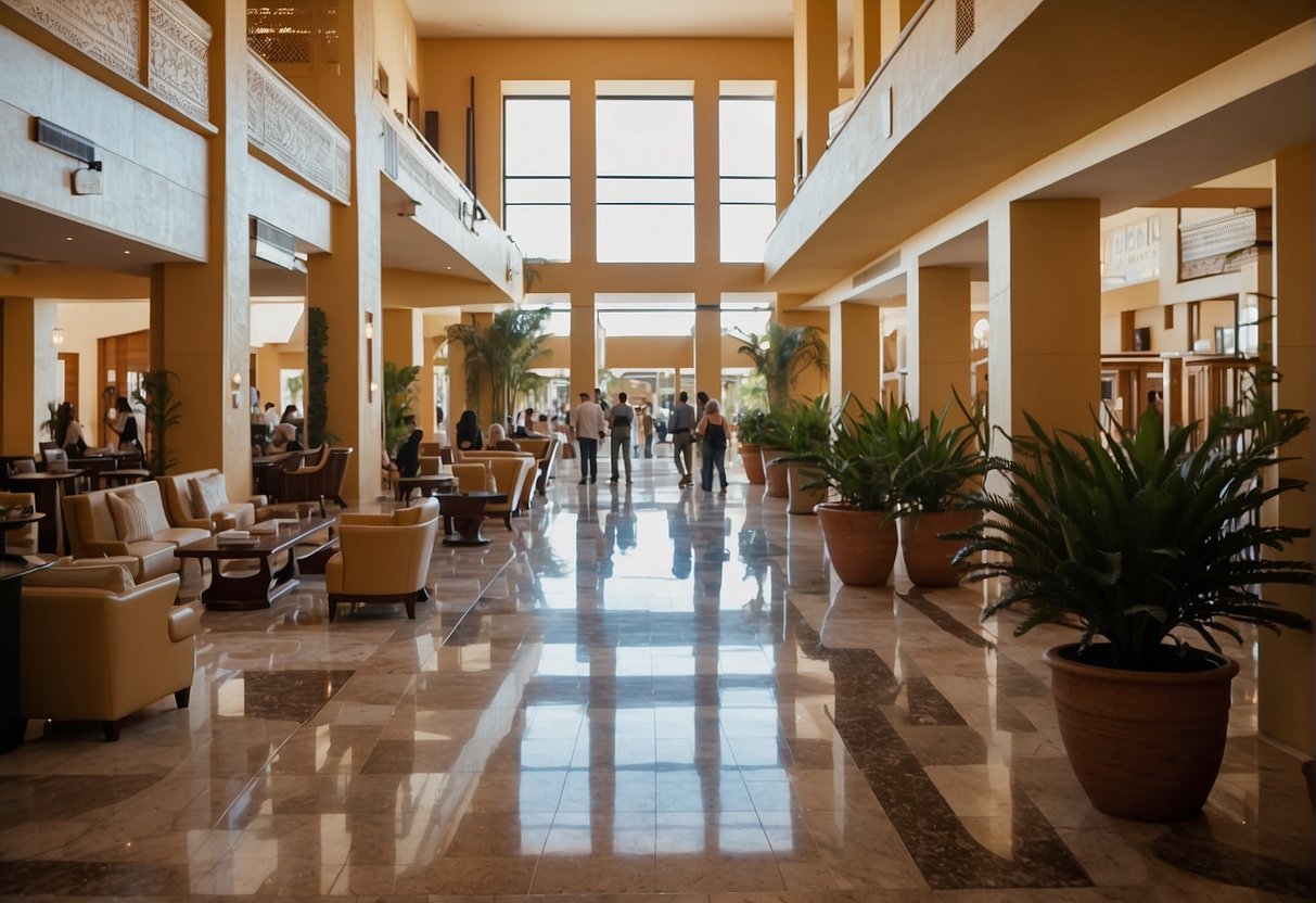 A bustling hotel lobby in Andalucía, with a warm and welcoming atmosphere. Families with multiple children are checking in, while others are enjoying the on-site amenities