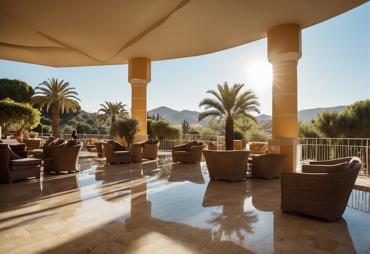 A bustling hotel lobby in Andalucía, with spacious family suites, a play area, and a swimming pool surrounded by sun loungers