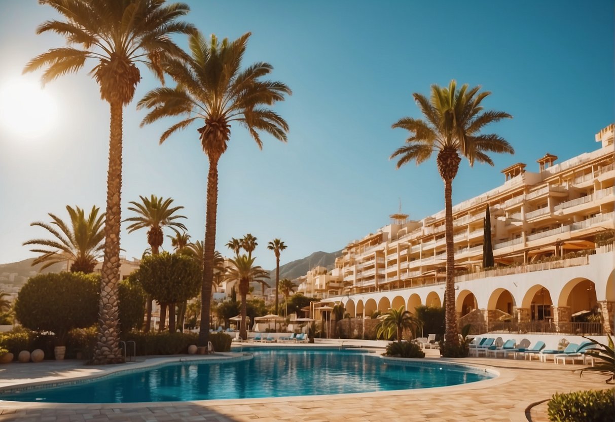 A sunny beach with palm trees, a large pool, and a playground, surrounded by spacious family-friendly hotels in Andalucía