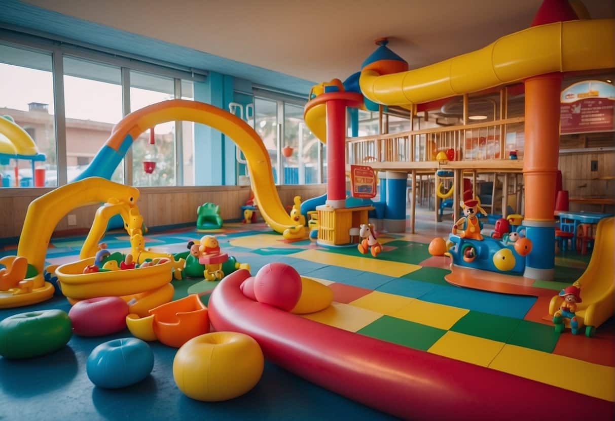 A colorful playroom with toys and games, a swimming pool with water slides, and a kids' menu at the hotel restaurant