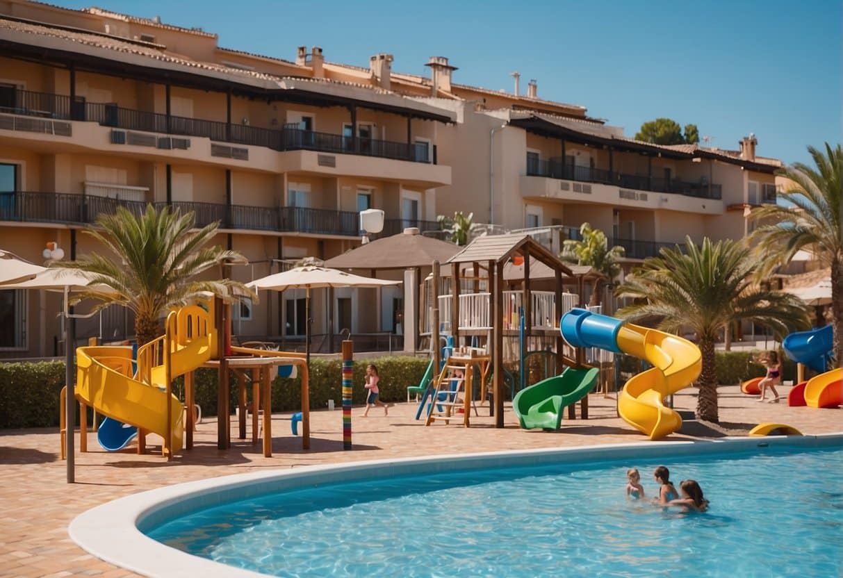 A sunny beach with a playground, pool, and family-friendly hotel in Castellón, perfect for children and parents to enjoy a relaxing vacation