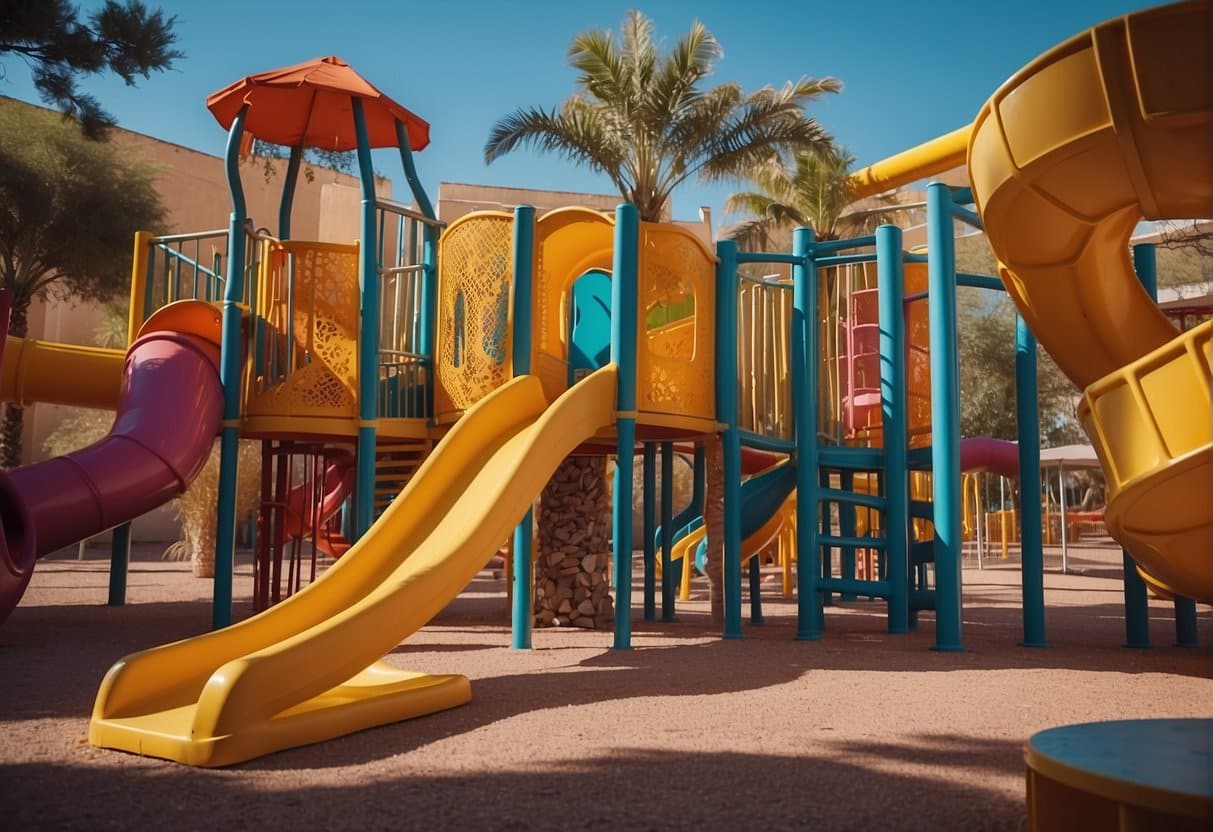 A group of children playing in a colorful and spacious hotel play area in Castellón, with slides, swings, and other fun activities