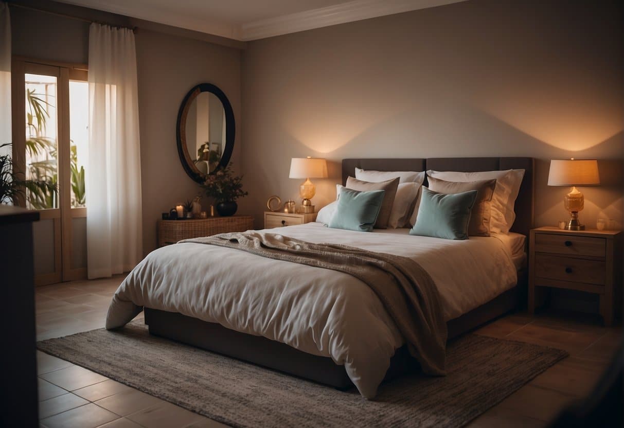 A cozy, dimly lit bedroom in Marbella with a large, comfortable bed, soft lighting, and elegant decor, perfect for a romantic getaway