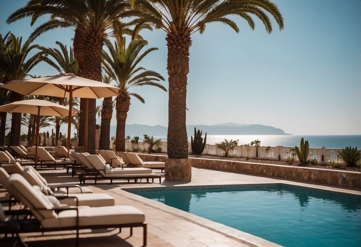 A serene poolside setting at an adult-only hotel in Málaga, with sun loungers, palm trees, and a view of the Mediterranean Sea