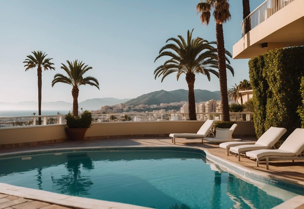 A serene poolside scene at an adults-only hotel in Málaga, with loungers, palm trees, and a view of the Mediterranean sea