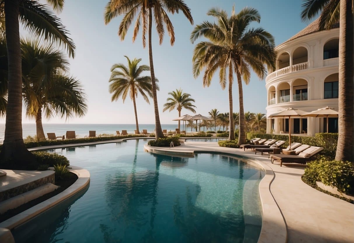 A serene beachfront with palm trees and a luxurious pool area, surrounded by elegant architecture and scenic views of the ocean