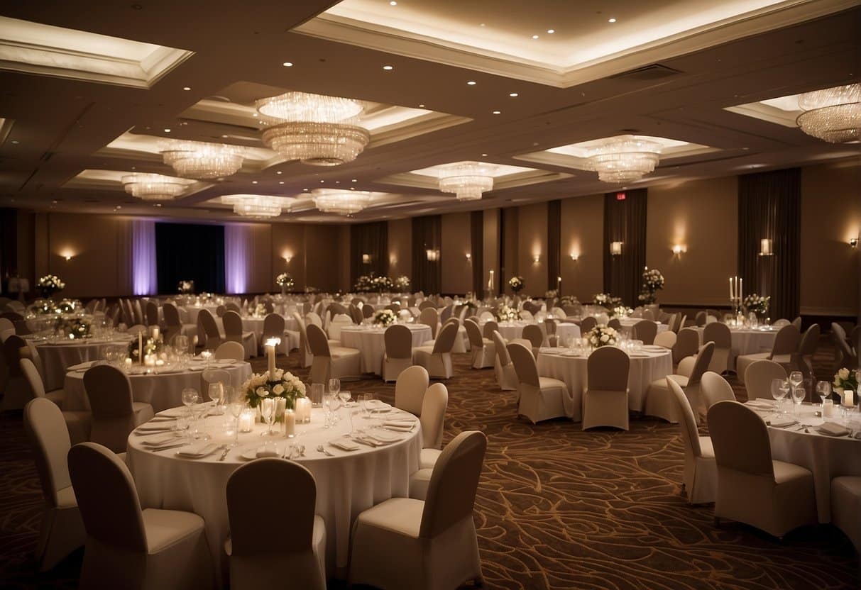 A hotel ballroom decorated with anniversary-themed decor, tables set with elegant place settings, and a stage for live music