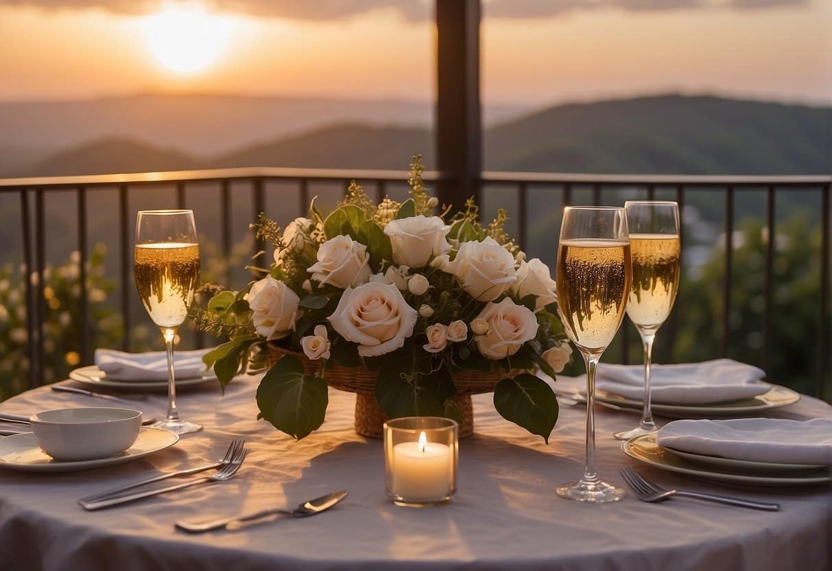 A romantic dinner set up on a private balcony overlooking a beautiful sunset, with champagne and flowers on the table