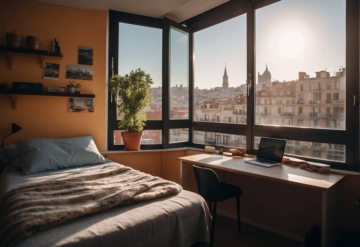 A cozy single room in a Madrid hostel with a comfortable bed, a small desk, and a window overlooking the city streets