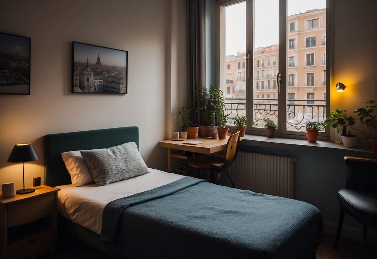 A cozy single room in a Madrid hostel, with a comfortable bed, a small desk, and a window overlooking the city streets