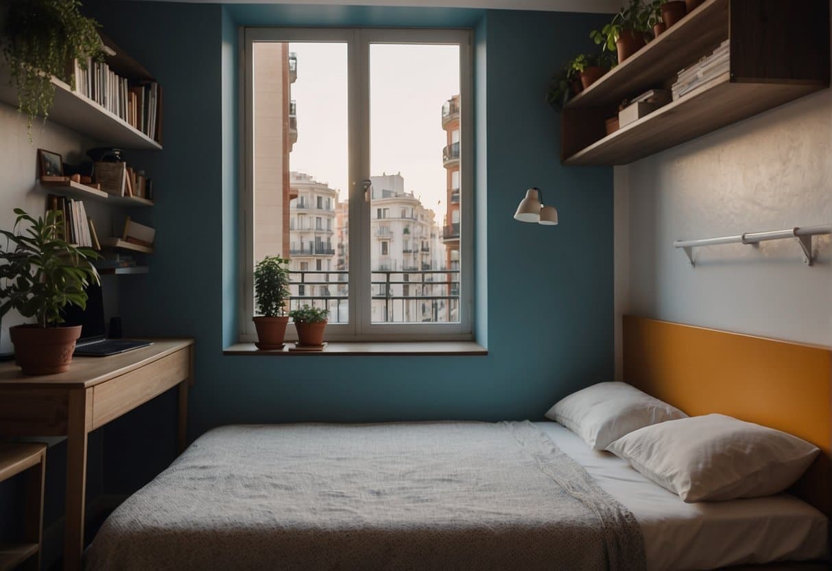 A cozy single room in a Madrid hostel, with simple furnishings and a window overlooking the bustling streets of the city