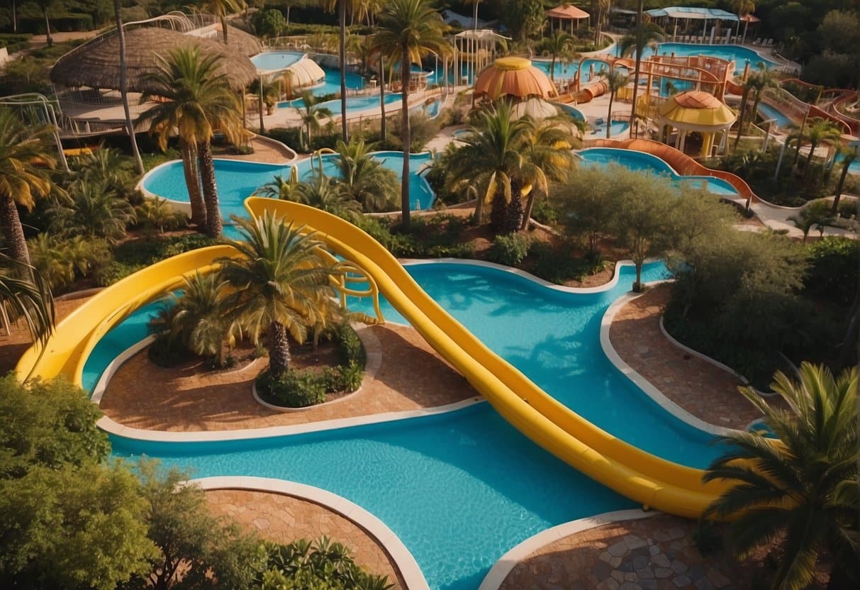 A vibrant water park at a Menorca hotel, with thrilling slides, splash pads, and a lazy river winding through lush tropical landscaping