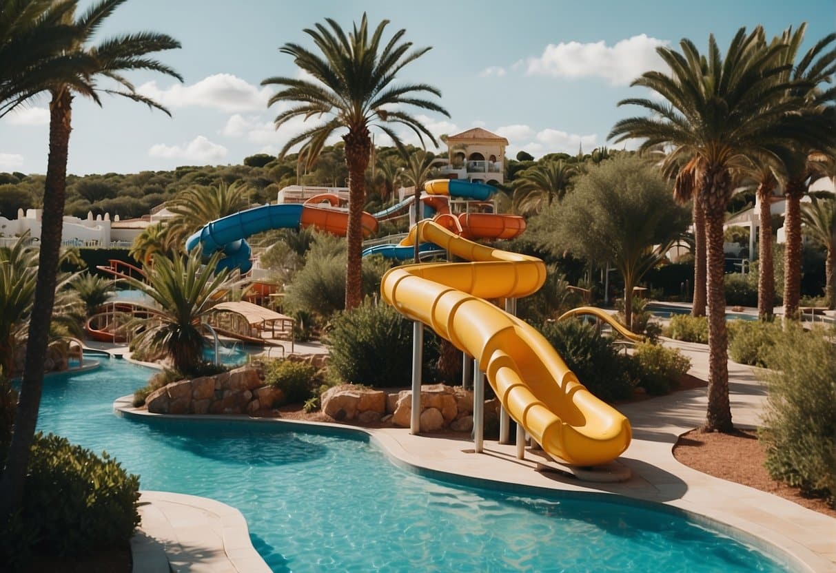 A vibrant water park with twisting slides, splash pads, and lazy rivers surrounded by lush greenery and palm trees at a hotel in Menorca