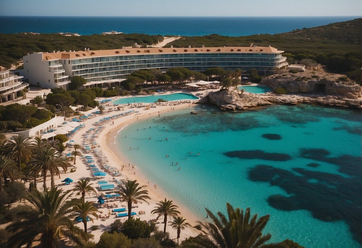 A sunny beachfront hotel in Menorca with a sprawling water park, surrounded by palm trees and crystal-clear blue waters