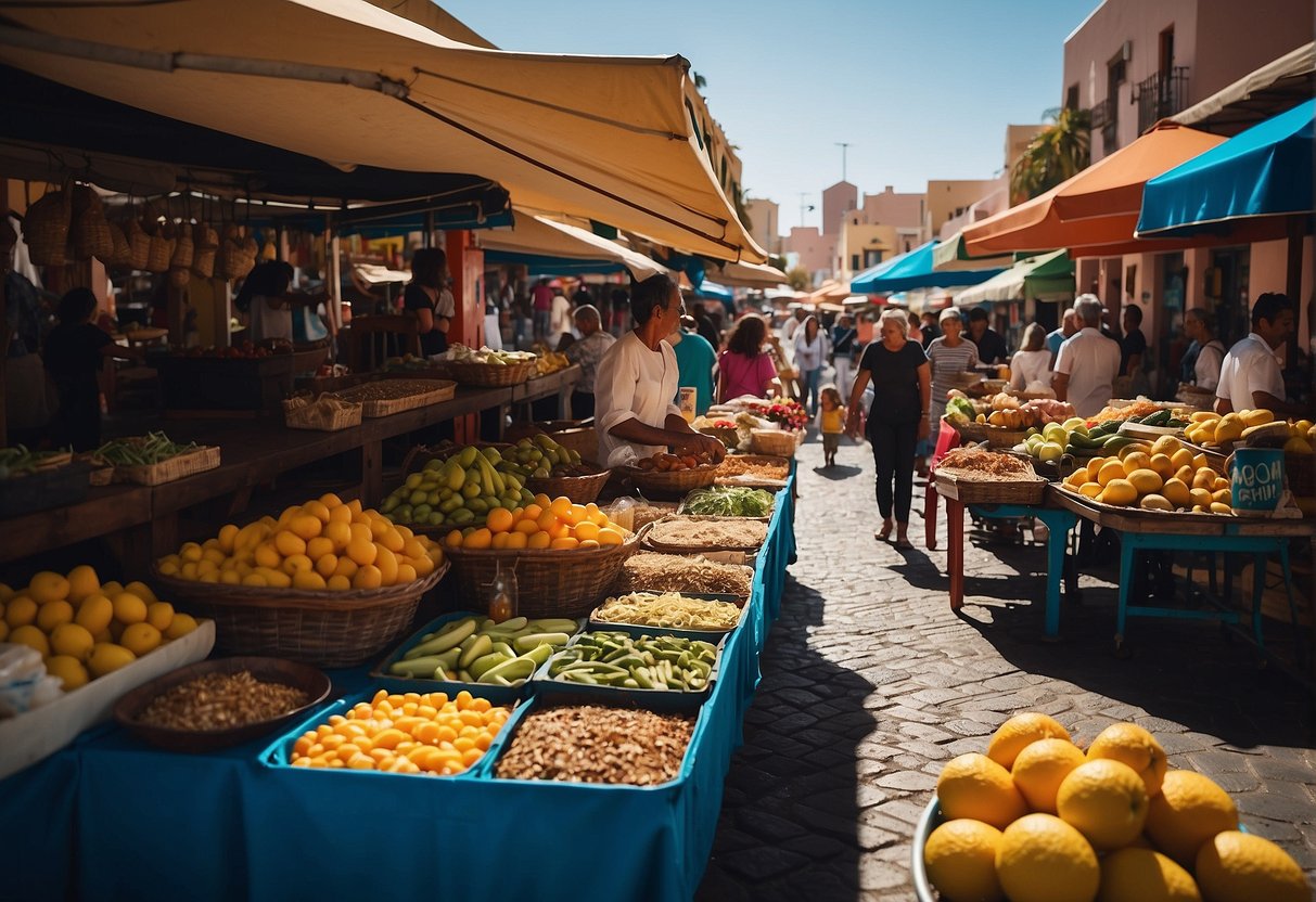 A bustling local market in Corralejo, filled with colorful stalls and delicious local gastronomy. No cars in sight, just a lively and vibrant atmosphere