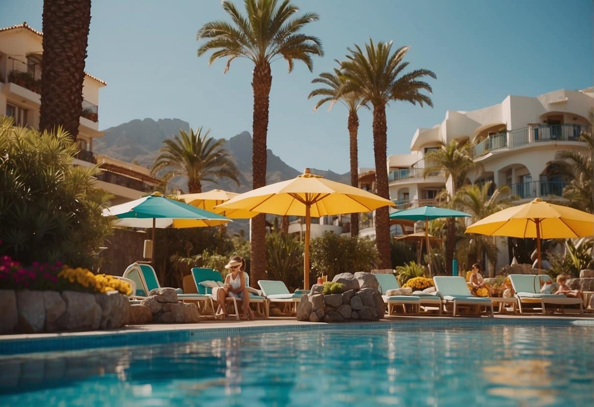 A family enjoying a sunny day by the pool at a family-friendly hotel in the Canary Islands. Children play in the water while parents relax on lounge chairs. Palm trees and colorful umbrellas provide shade