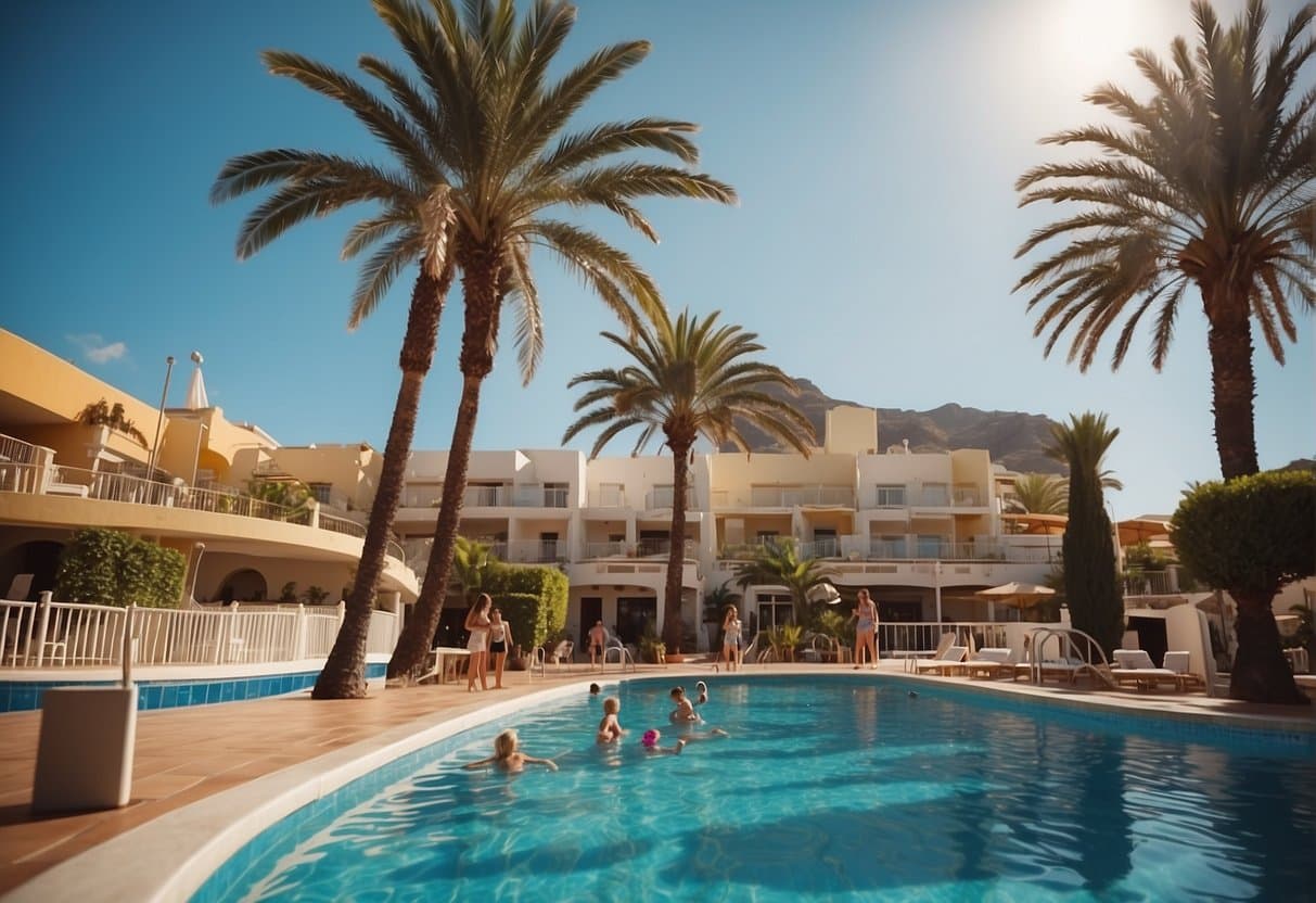 A family enjoying activities at a Canarian family-friendly hotel. Swimming pool, kids' club, and outdoor games. Sunny weather and palm trees