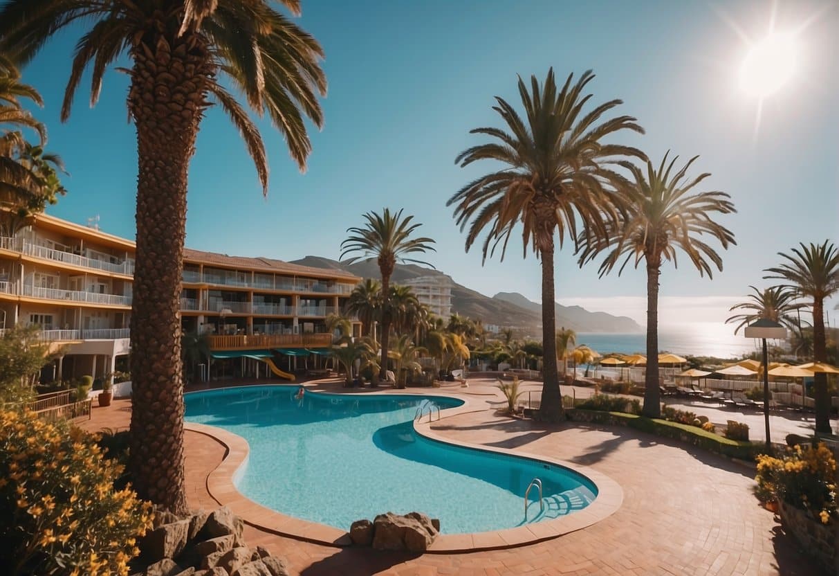 A family-friendly hotel in the Canary Islands with a pool, playground, and colorful rooms. Palm trees and a sandy beach in the background