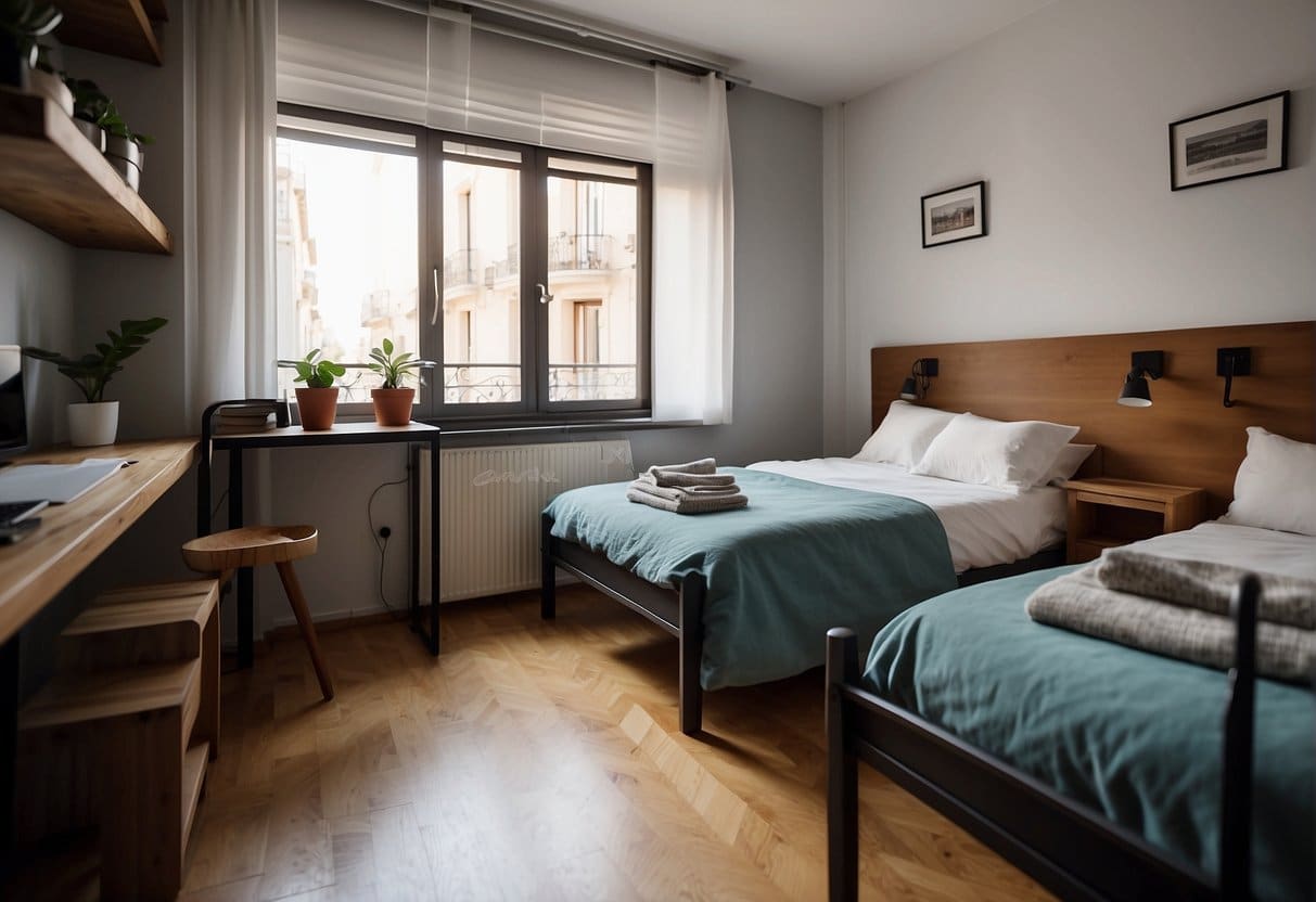 A cozy hostel room in Madrid, with a private bathroom, a comfortable bed, and a small desk by the window
