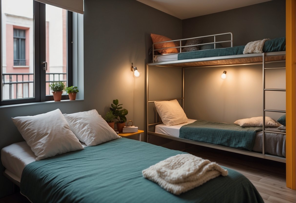 A cozy hostel room in Madrid with a private bathroom, featuring comfortable furnishings and warm lighting