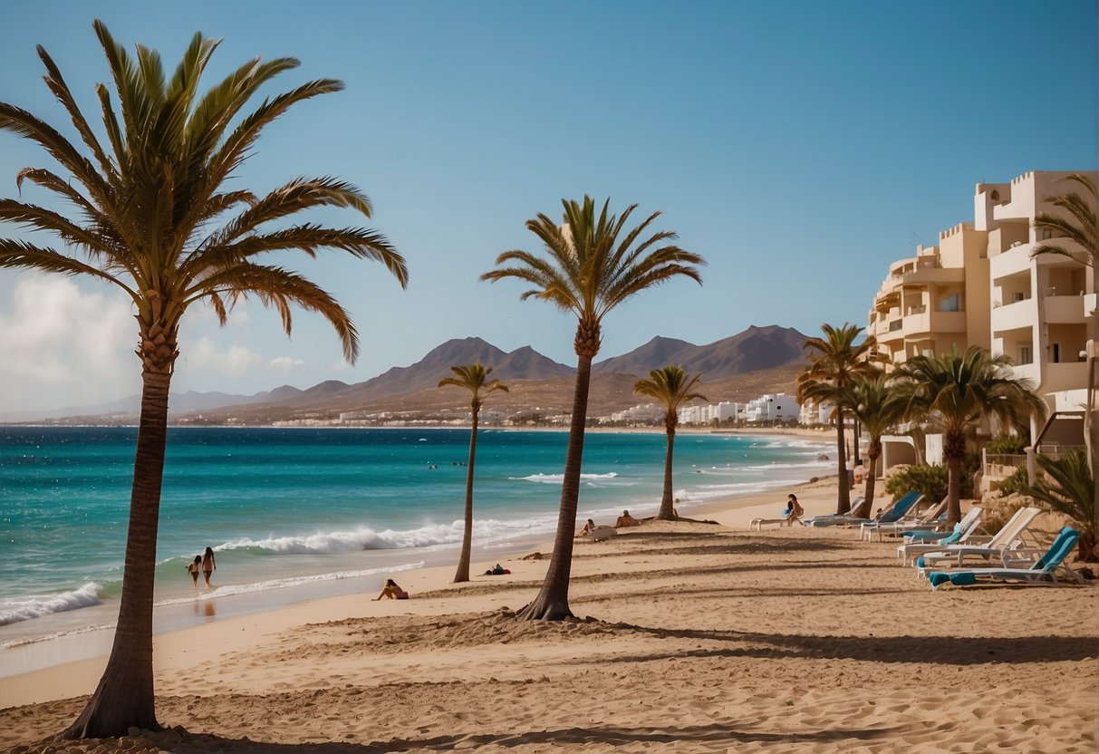 The scene shows the sandy beaches of Corralejo, with clear blue waters and waves crashing against the shore. A few palm trees and beach umbrellas are scattered along the coastline, with a distant view of the town