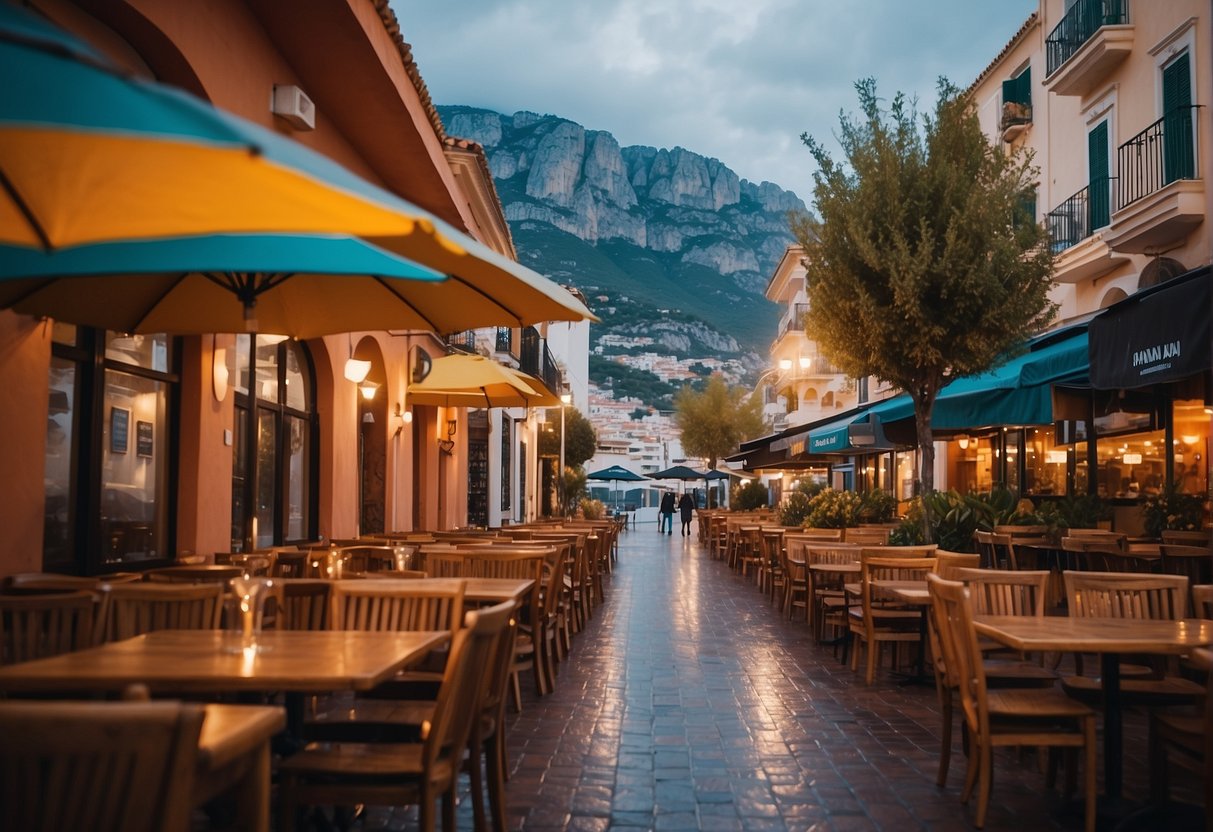 A cozy restaurant in Calpe, with tables covered by colorful umbrellas, as rain falls gently outside