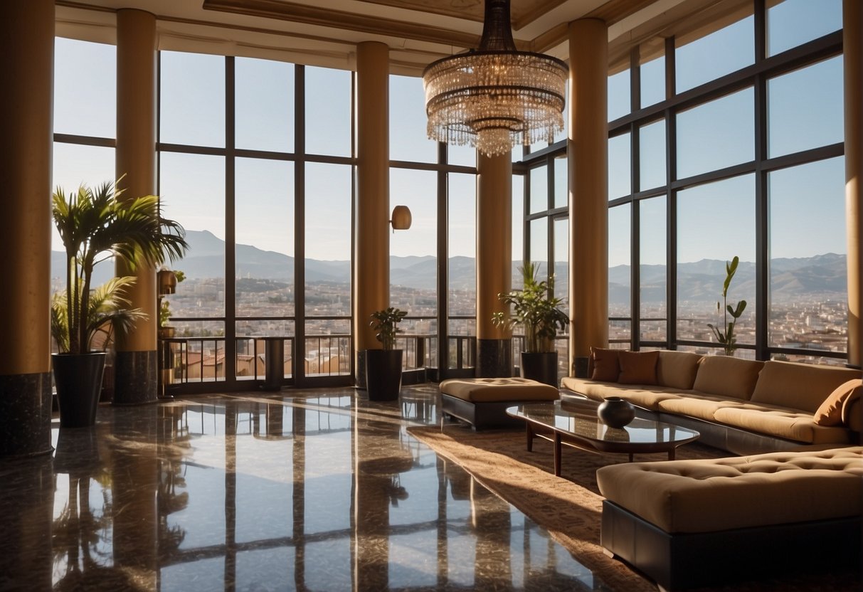 A luxurious hotel lobby in Granada, adorned with elegant furnishings and a stunning view of the city's iconic landmarks