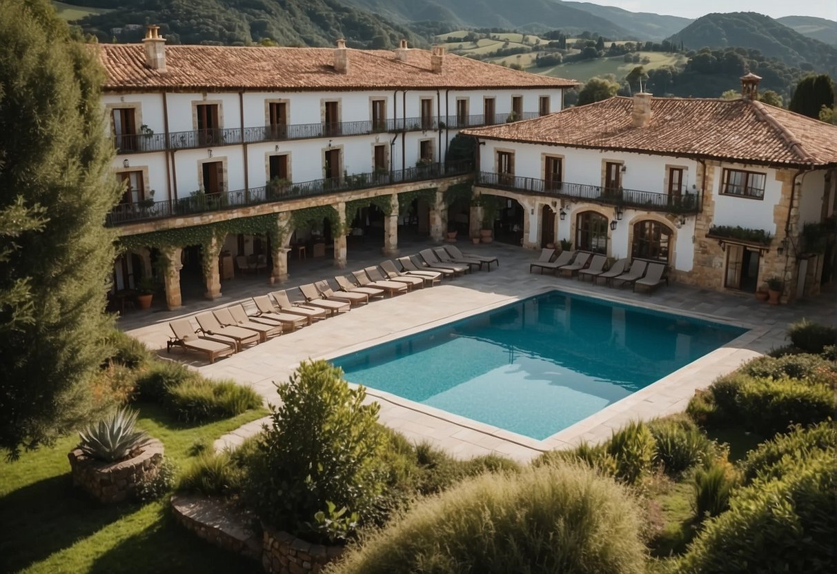 A serene adult-only hotel in Cantabria, with lush greenery, a tranquil pool, and elegant architecture