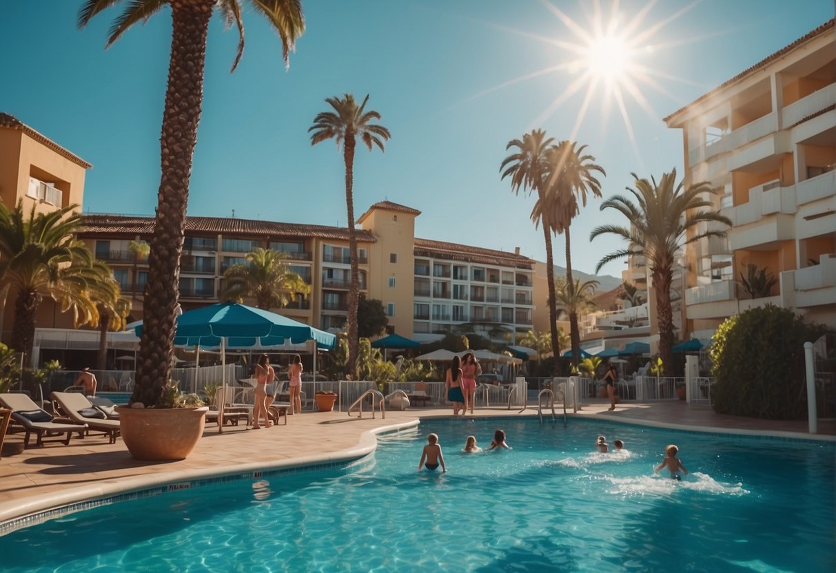 A sunny day at a hotel in Malaga, with families enjoying the aquapark, palm trees swaying in the breeze, and the clear blue water sparkling in the sunlight