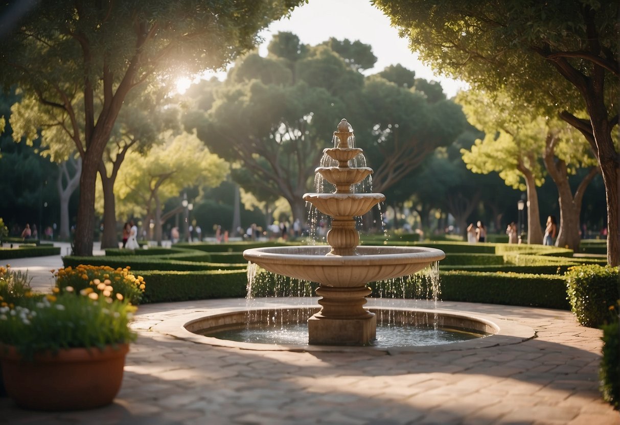 A peaceful park with a hidden fountain, surrounded by lush greenery and blooming flowers, offering a secluded spot for a romantic getaway in Barcelona