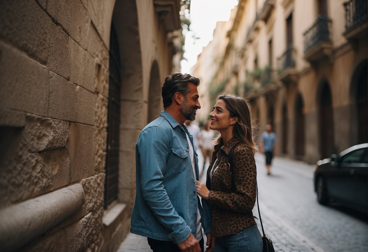 A couple explores a hidden corner of Barcelona, surrounded by ancient architecture and vibrant street art. The atmosphere is filled with the energy of the city's artistic and cultural heritage