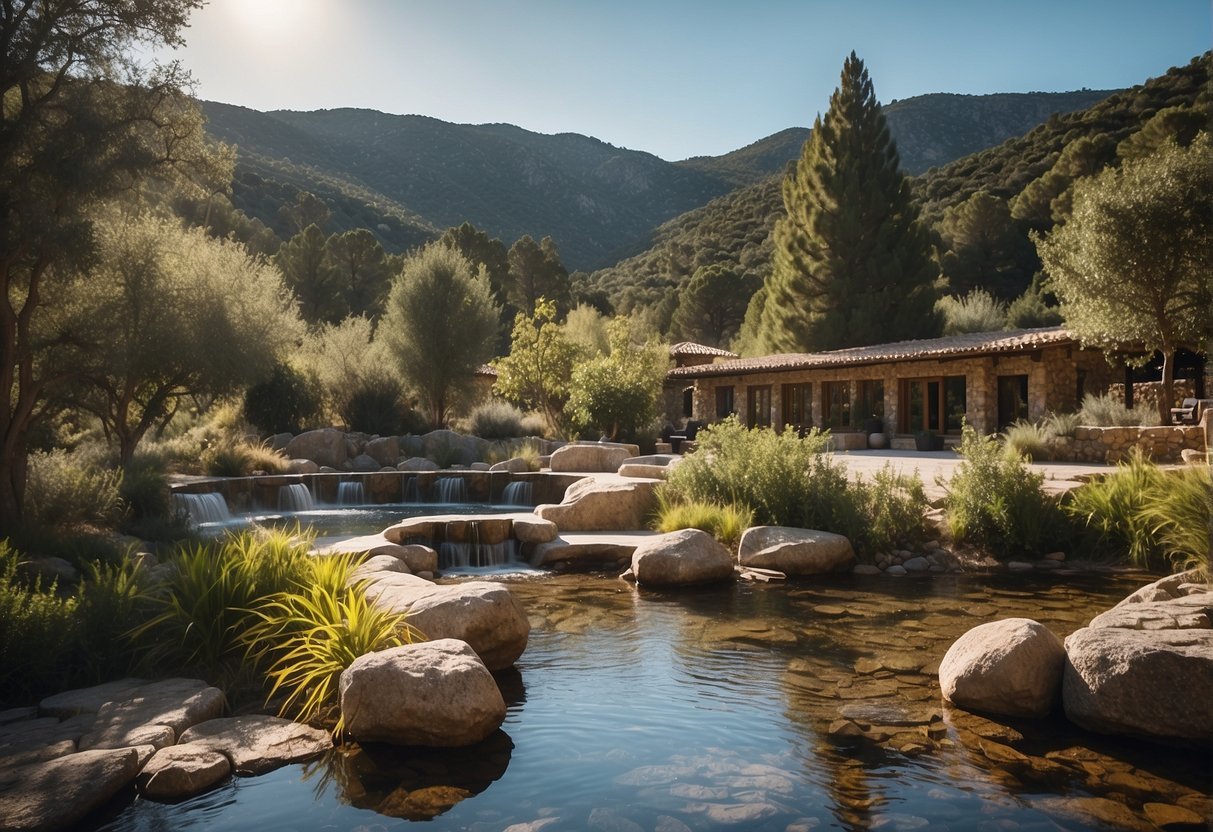 A serene mountain spa nestled in the Sierra de Guadarrama, surrounded by lush greenery and a tranquil stream. The spa features luxurious outdoor pools, cozy cabins, and stunning mountain views
