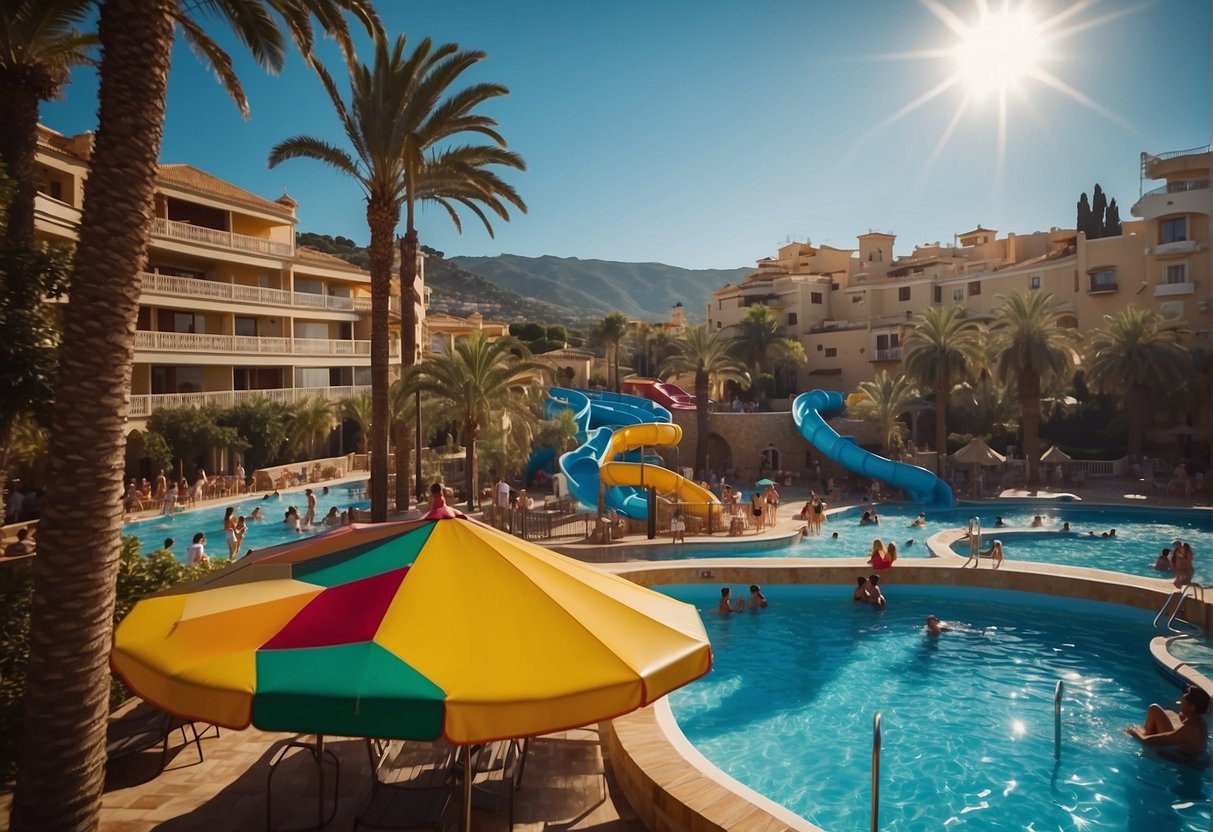 A sunny resort in Malaga with a large aquapark, surrounded by palm trees and colorful umbrellas, with families enjoying the water slides and pool