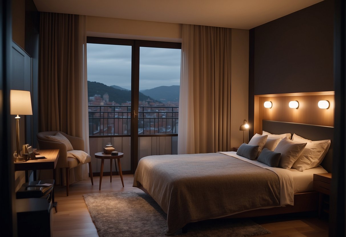 A cozy hotel room in Oviedo, with dim lighting and a comfortable bed. Soft music plays in the background, creating a romantic atmosphere for couples